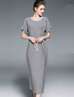 Casual Long Stripe O-neck Two-piece Outfits