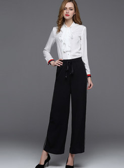 Brief Long Sleeve Stand Collar Blouse & Loose Ankle-length Wide Leg Pants