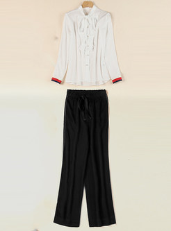 Brief Long Sleeve Stand Collar Blouse & Loose Ankle-length Wide Leg Pants