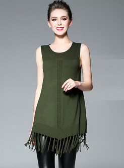 Brief O-neck Sleeveless Pure Color Fringed Tank
