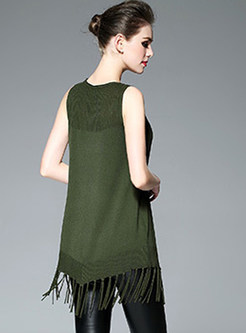 Brief O-neck Sleeveless Pure Color Fringed Tank