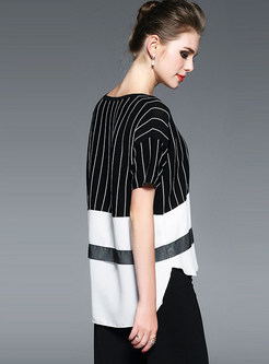 Modern Asymmetric Stripe Patchwork Knit T-shirt