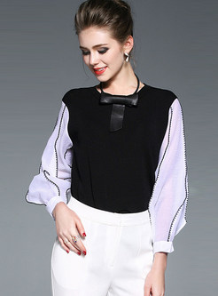 Stylish Hit Color Patchwork Puff Sleeve T-shirt