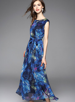 Elegant Print Sleeveless High Waist Maxi Dress