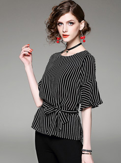 Stylish Silk Flare Sleeve Stripe O-neck T-shirt