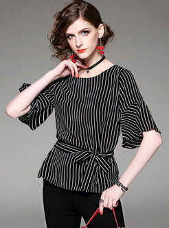 Stylish Silk Flare Sleeve Stripe O-neck T-shirt