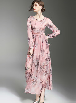 Elegant Nipped Waist Long Sleeve Print Maxi Dress