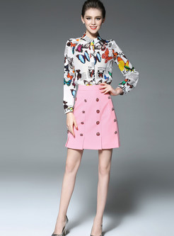 High-end Long Sleeve Butterfly Print Blouse