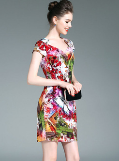 Vintage Floral Print Asymmetric Neck Skinny Mini Dress