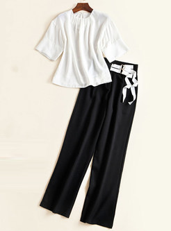 Casual White Chiffon T-shirt & Black Lace-up Wide Leg Pants