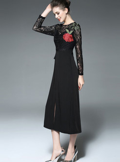 Elegant Lace Embroidery Patchwork Slit Maxi Dress