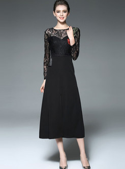 Elegant Lace Embroidery Patchwork Slit Maxi Dress