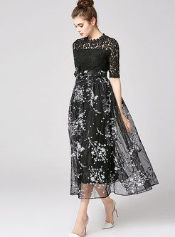 Elegant Half Sleeve Patchwork Lace Embroidery Maxi Dress 