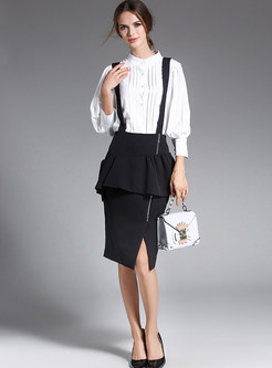Brief Puff Sleeve Blouse & Stylish Falbala Braces Skirt