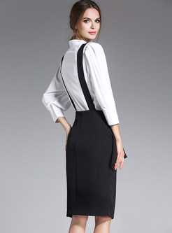 Brief Puff Sleeve Blouse & Stylish Falbala Braces Skirt