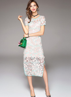 Sweet Slim Floral Embroidery Bodycon Dress