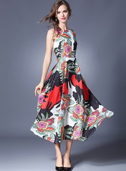 High-end Sleeveless Nipped Waist Jacquard Maxi Dress