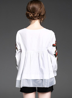 Cute Oversize Puff Sleeve Goldfish Embroidery Blouse