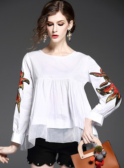 Cute Oversize Puff Sleeve Goldfish Embroidery Blouse