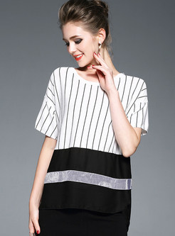 Modern Asymmetric Stripe Patchwork Knit T-shirt