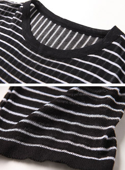 Brief Stripe O-neck Knit T-shirt