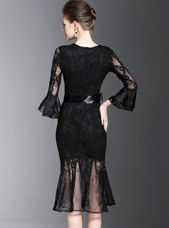 Elegant Flare Sleeve See-through Lace Mermaid Bodycon Dress
