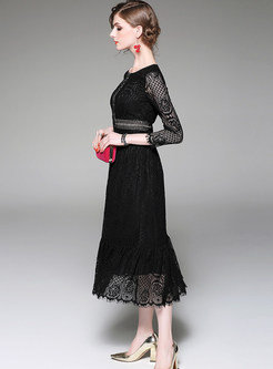 Sexy Lace 3/4 Sleeve Hollow Out Maxi Dress