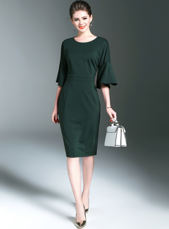 Green Flare Sleeve O-neck Slim Sheath Dress