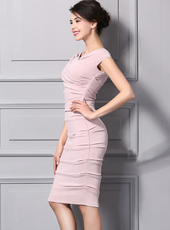 Elegant Pink Slim V-neck Bodycon Dress