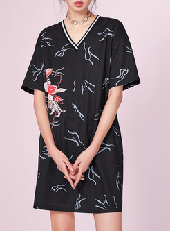 Casual Loose V-neck Embroidery Shift Dress
