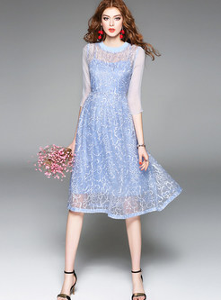 Sweet O-neck Organza Embroidery Skater Dress