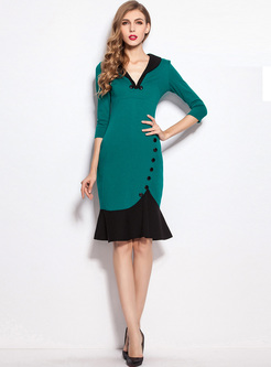 Chic Buttoned V-neck Color-blocked Mermaid Dress