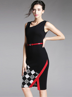 Stylish Grid Print Color-blocked Slim Skinny Dress