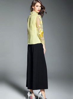 Sweet Embroidery Stand Collar Top & Casual Loose Wide Leg Pants
