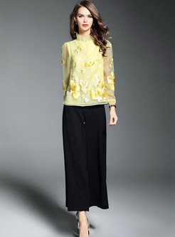 Sweet Embroidery Stand Collar Top & Casual Loose Wide Leg Pants