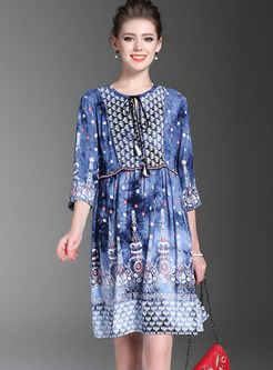 Ethnic Loose 3/4 Sleeve Print Shift Dress 