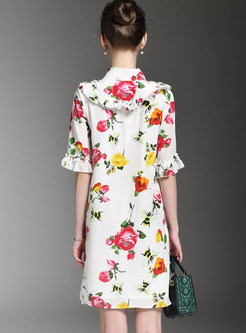 Brief Floral Print Lapel Half Sleeve Shift Dress