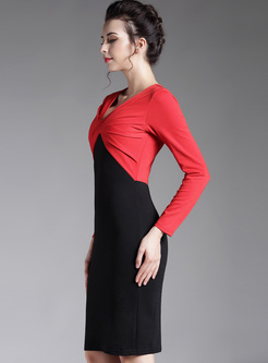Elegant Color-blocked V-neck Slim Bodycon Dress