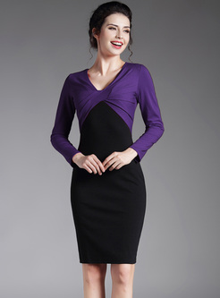 Elegant Color-blocked V-neck Slim Bodycon Dress