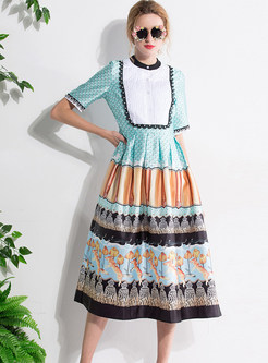 Ethnic O-neck Hit Color High Waist Skater Dress