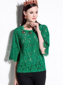Casual Lace O-neck Three Quarters Sleeve T-Shirt
