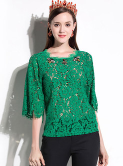 Casual Lace O-neck Three Quarters Sleeve T-Shirt