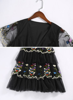 Brief V-neck Embroidery Skater Dress
