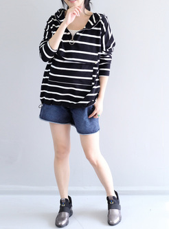 Casual Stripe Hooded Color-blocked T-shirt