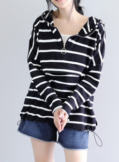 Casual Stripe Hooded Color-blocked T-shirt