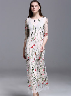Elegant Half Sleeve Embroidery Mermaid Maxi Dress