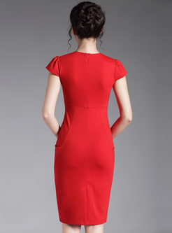 Brief High Waist Red Slim Pocket Sheath Dress