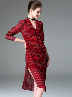 Elegant V-neck Stripe Slim Shift Dress