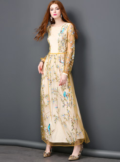 Vintage Mesh Embroidery Lace Tight Waist Maxi Dress