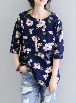 Fashion Flower Print Asymmetric T-shirt